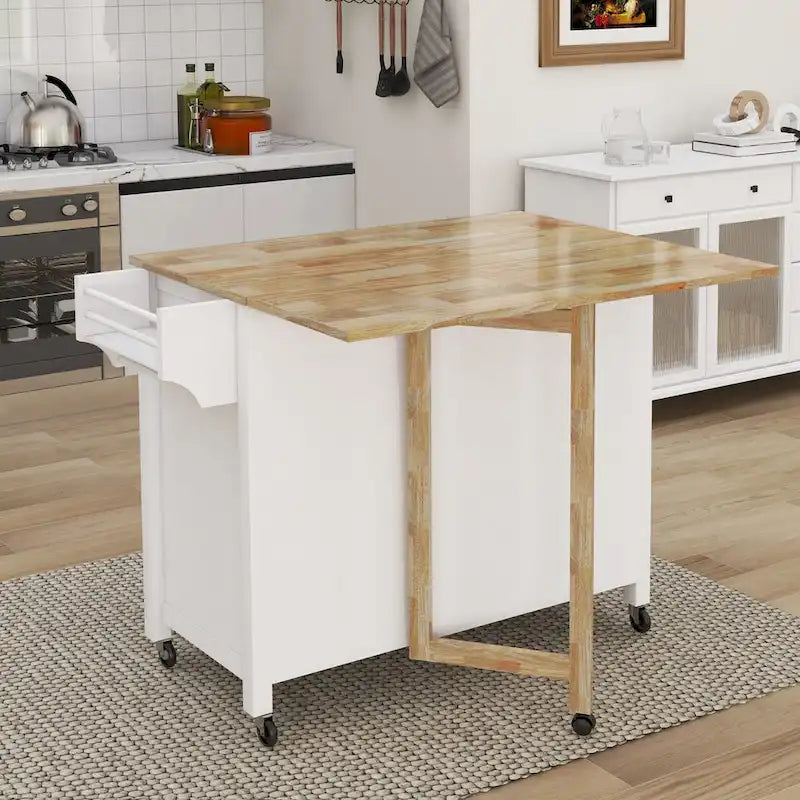 Desserte îlot de cuisine en bois blanc avec portes doubles, tiroir et roulettes verrouillables