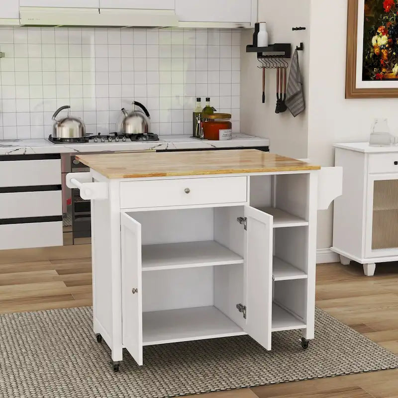 Desserte îlot de cuisine en bois blanc avec portes doubles, tiroir et roulettes verrouillables