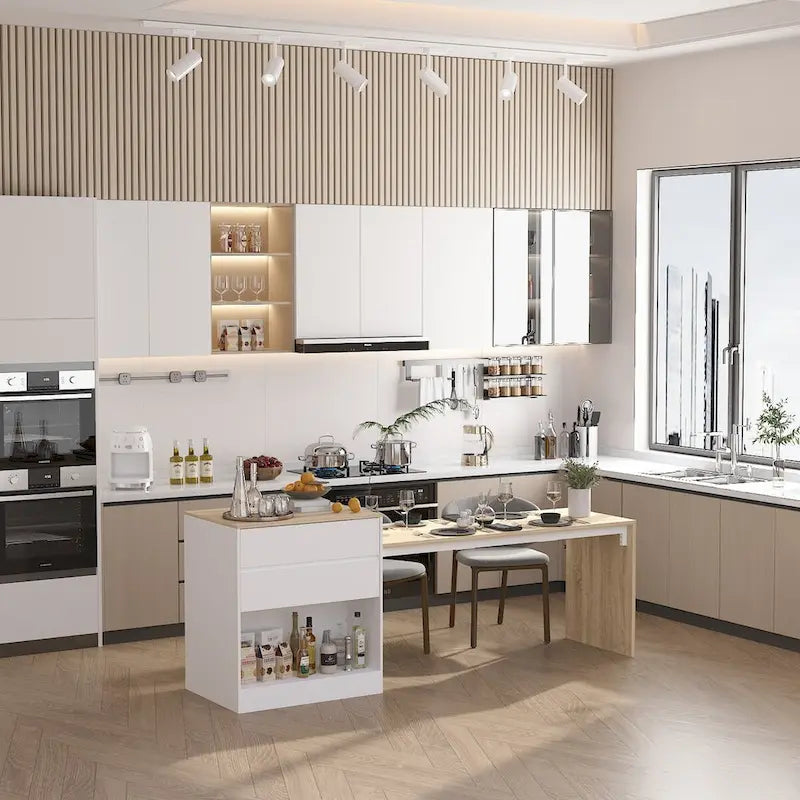 Grand îlot de cuisine en bois blanc avec tiroirs de rangement et table à manger