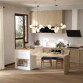 Grand îlot de cuisine en bois blanc avec tiroirs de rangement et table à manger