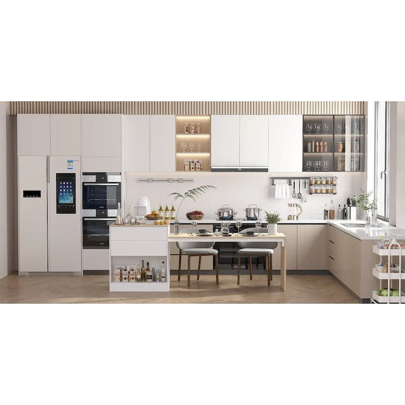 Grand îlot de cuisine en bois blanc avec tiroirs de rangement et table à manger