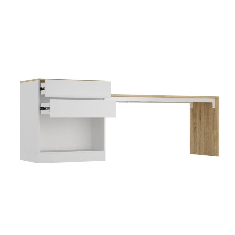 Grand îlot de cuisine en bois blanc avec tiroirs de rangement et table à manger