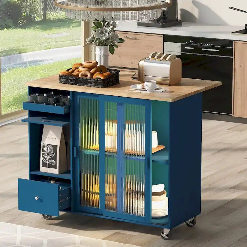Desserte de cuisine roulante avec portes vitrées LED, abattant et tiroirs