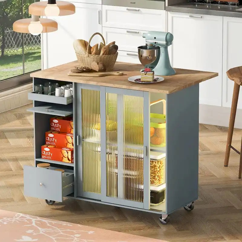Desserte de cuisine roulante avec portes vitrées LED, abattant et tiroirs