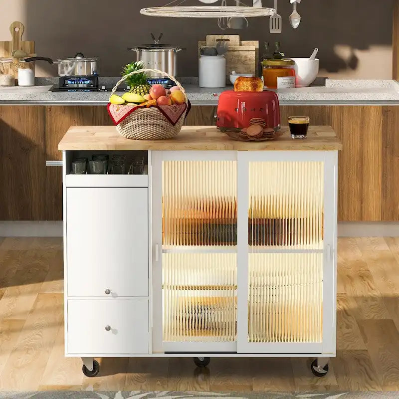 Desserte de cuisine roulante avec portes vitrées LED, abattant et tiroirs