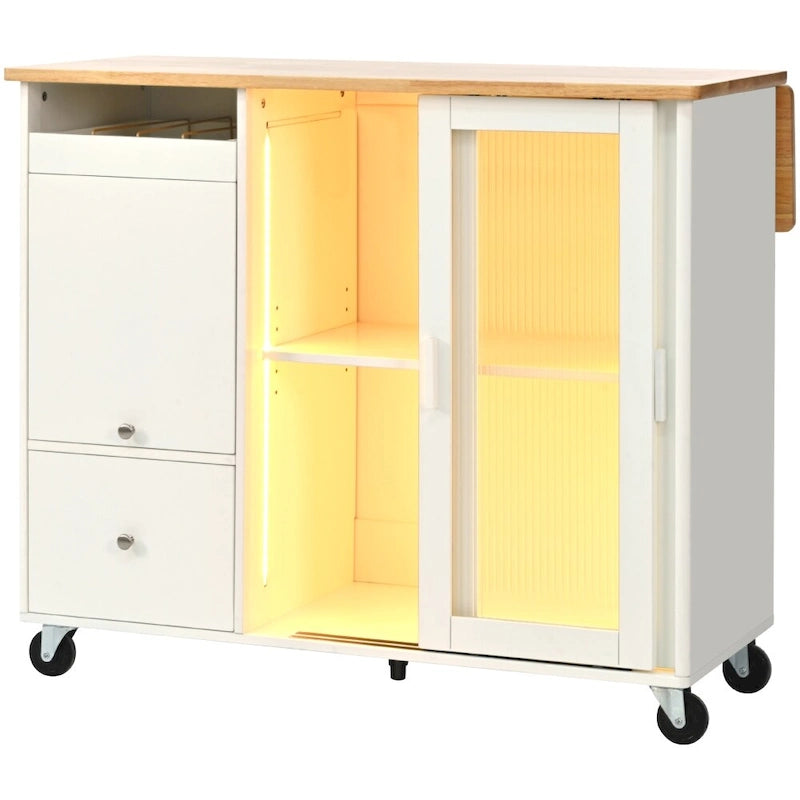 Desserte de cuisine roulante avec portes vitrées LED, abattant et tiroirs