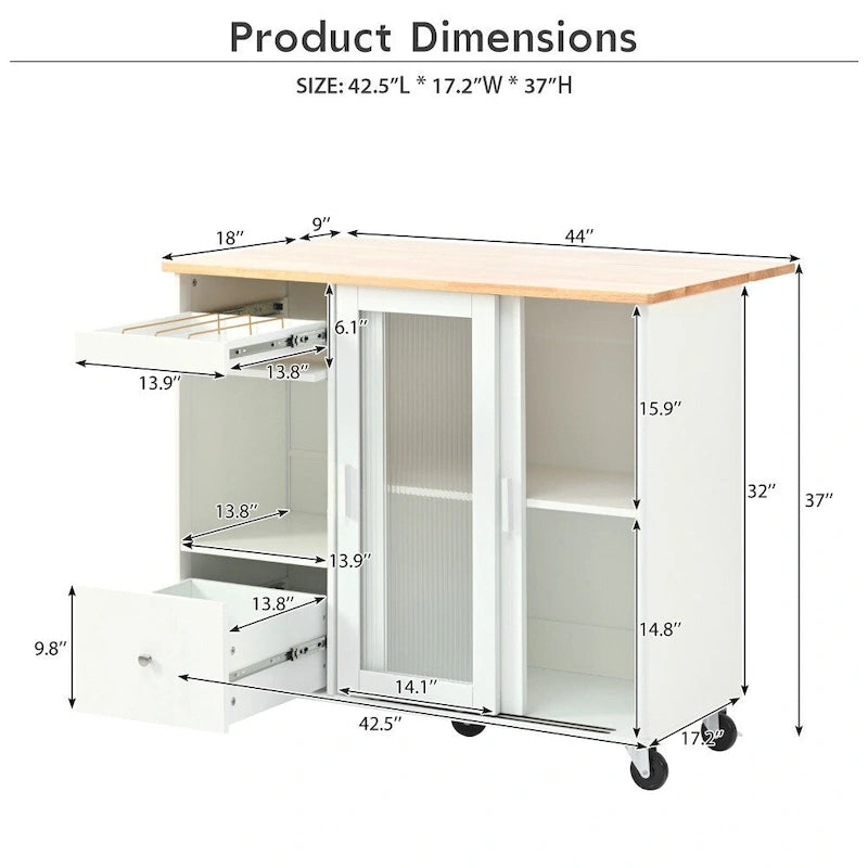 Desserte de cuisine roulante avec portes vitrées LED, abattant et tiroirs