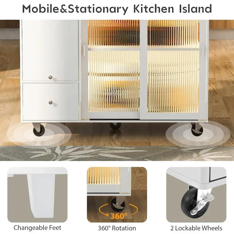 Desserte de cuisine roulante avec portes vitrées LED, abattant et tiroirs