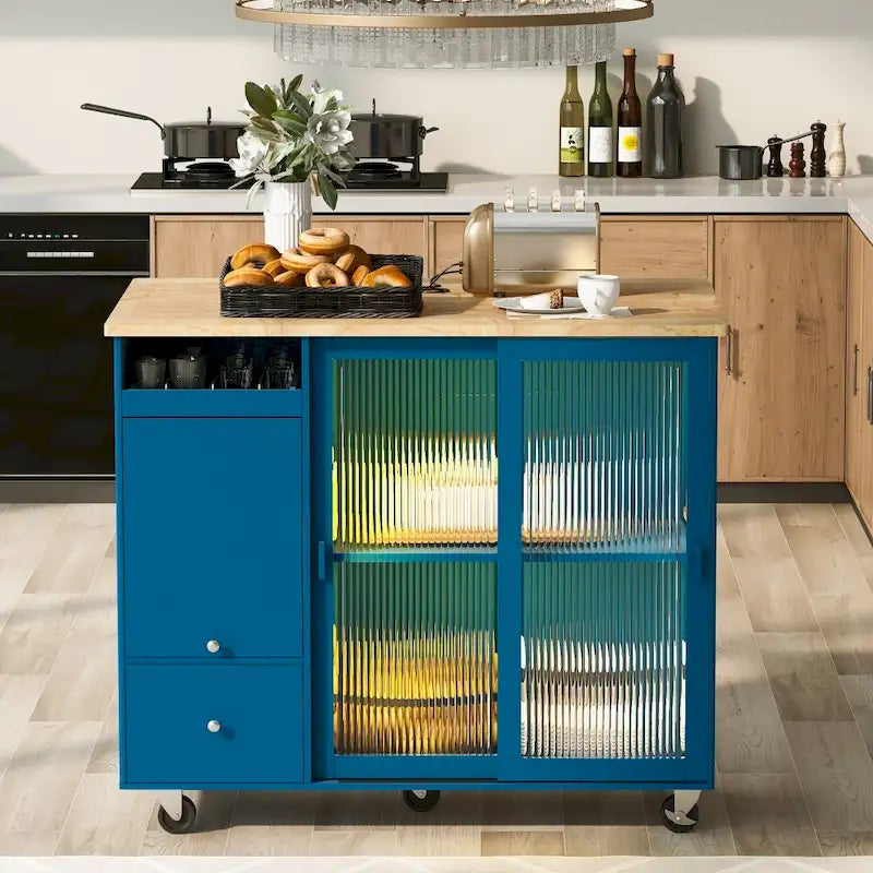 Desserte de cuisine roulante avec portes vitrées LED, abattant et tiroirs