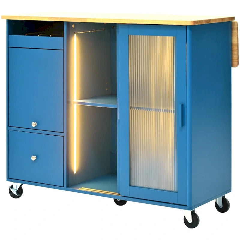 Desserte de cuisine roulante avec portes vitrées LED, abattant et tiroirs