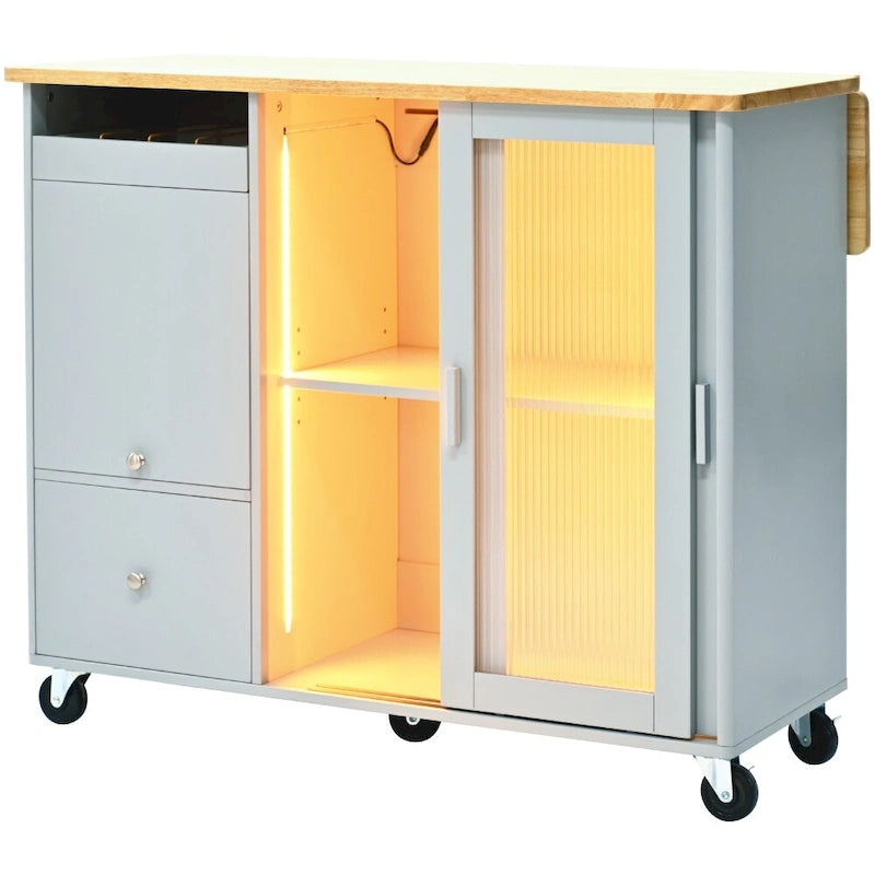Desserte de cuisine roulante avec portes vitrées LED, abattant et tiroirs
