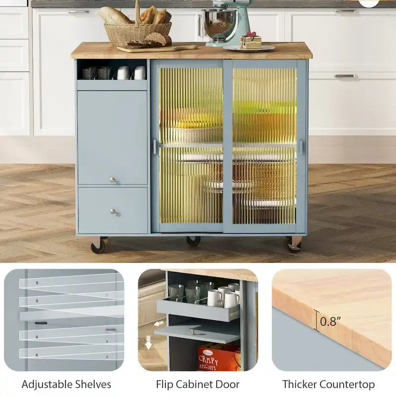 Desserte de cuisine roulante avec portes vitrées LED, abattant et tiroirs