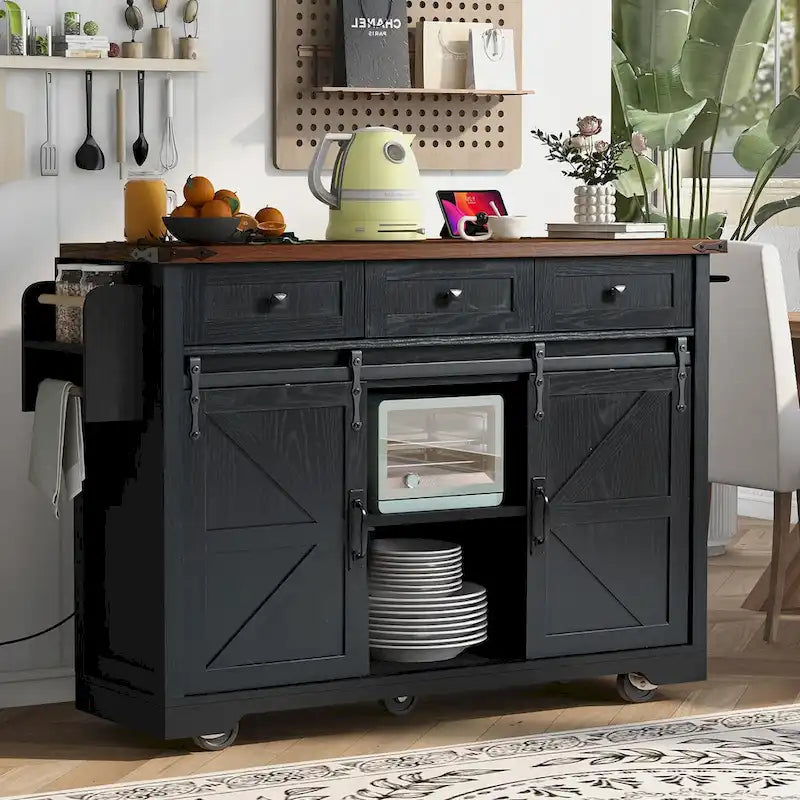 Dessertes îlots de cuisine noires de style ferme avec portes coulissantes, rallonge et prise de courant