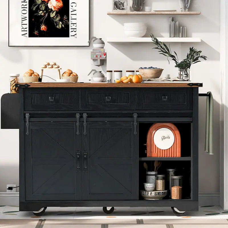 Dessertes îlots de cuisine noires de style ferme avec portes coulissantes, rallonge et prise de courant