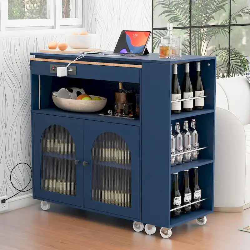 Desserte de cuisine roulante avec portes en verre cannelé, lumières LED, prises électriques, bleu marine