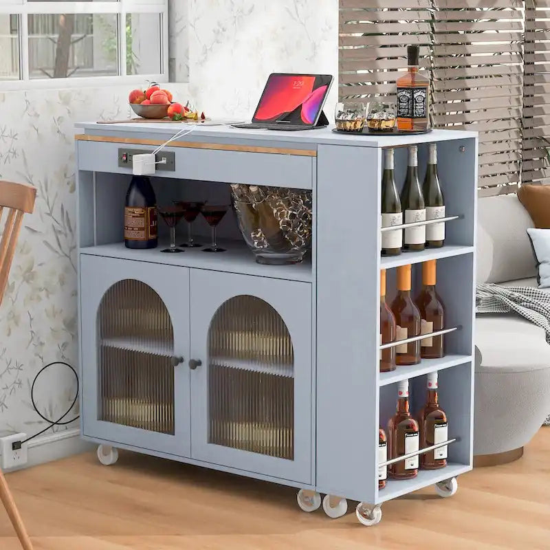 Desserte de cuisine roulante avec portes en verre cannelé, lumières LED, prises électriques, bleu marine