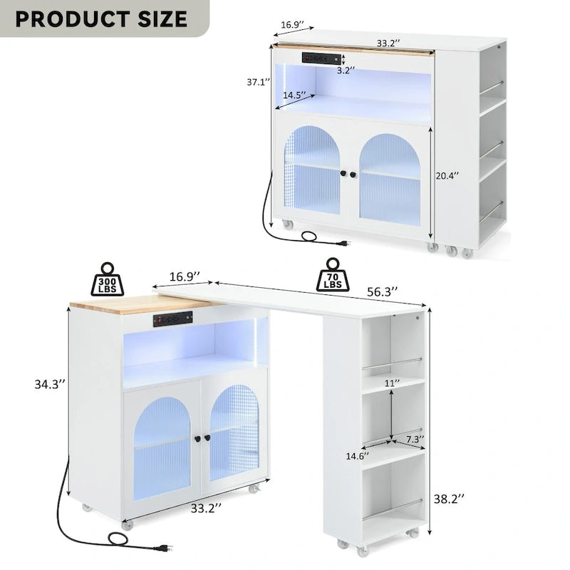Desserte de cuisine roulante avec portes en verre cannelé, lumières LED, prises électriques, bleu marine