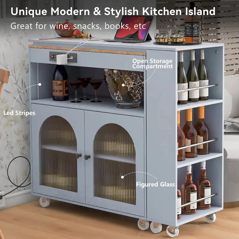 Desserte de cuisine roulante avec portes en verre cannelé, lumières LED, prises électriques, bleu marine