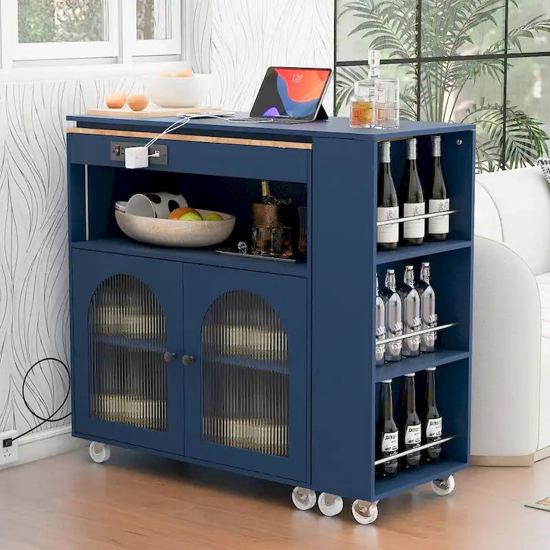 Desserte de cuisine roulante avec portes en verre cannelé, lumières LED, prises électriques, bleu marine