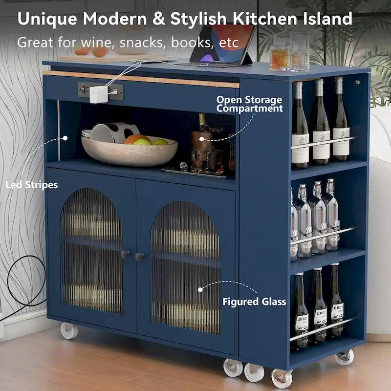 Desserte de cuisine roulante avec portes en verre cannelé, lumières LED, prises électriques, bleu marine