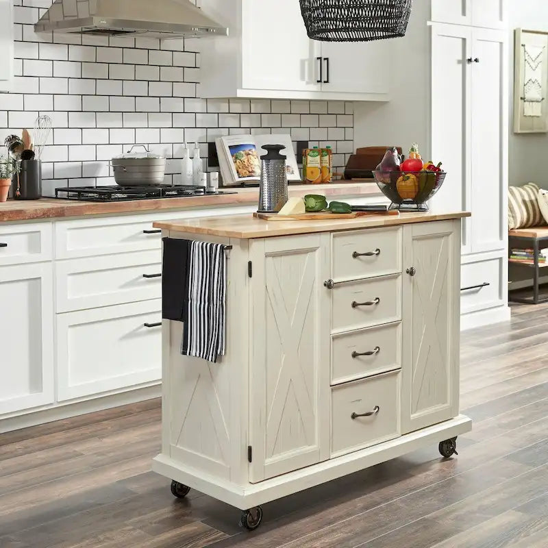 Desserte de cuisine blanc cassé en bois avec design en X et dessus en bois franc naturel