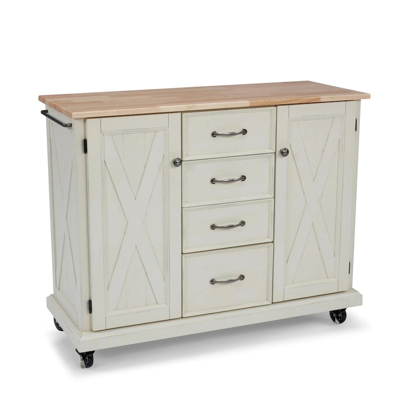 Desserte de cuisine blanc cassé en bois avec design en X et dessus en bois franc naturel