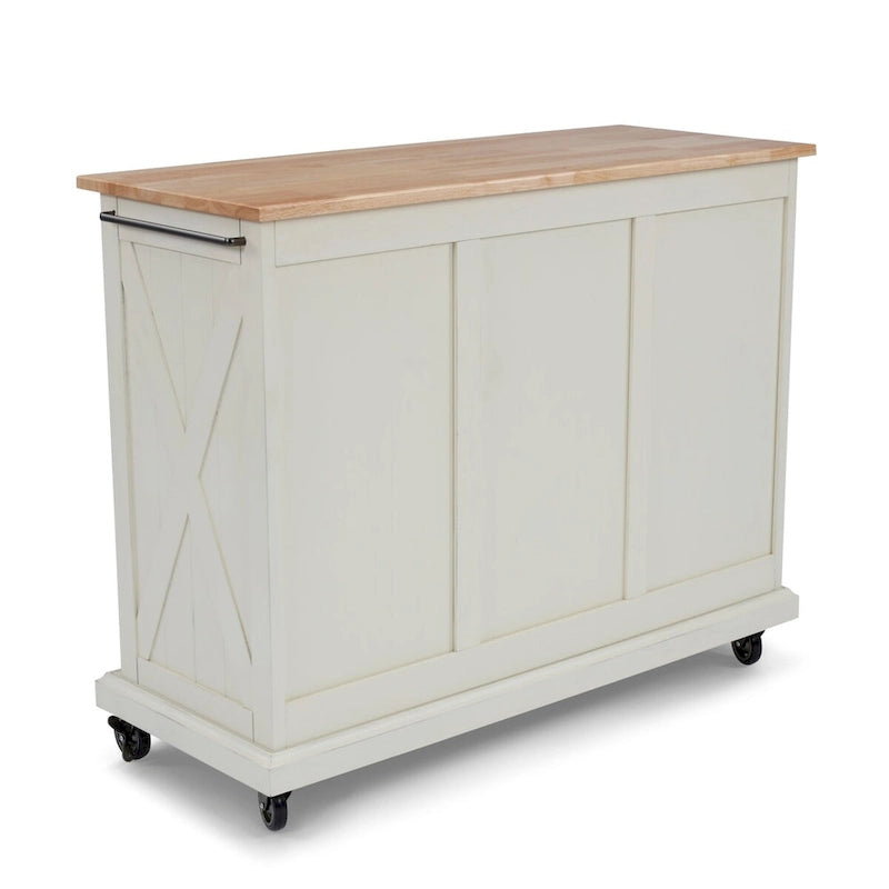 Desserte de cuisine blanc cassé en bois avec design en X et dessus en bois franc naturel