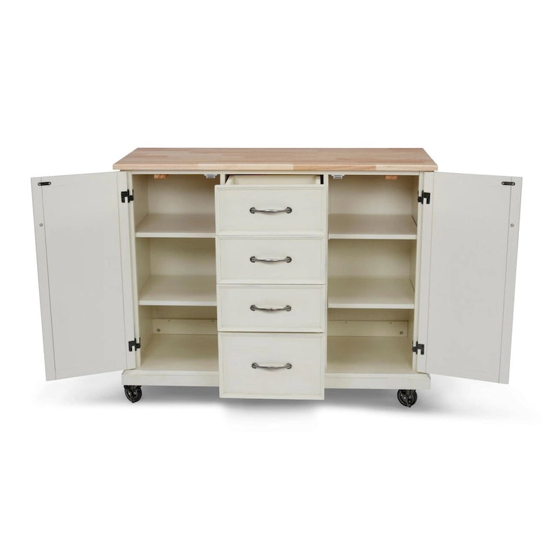 Desserte de cuisine blanc cassé en bois avec design en X et dessus en bois franc naturel