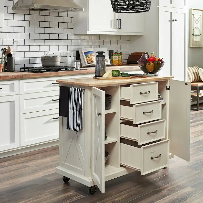 Desserte de cuisine blanc cassé en bois avec design en X et dessus en bois franc naturel