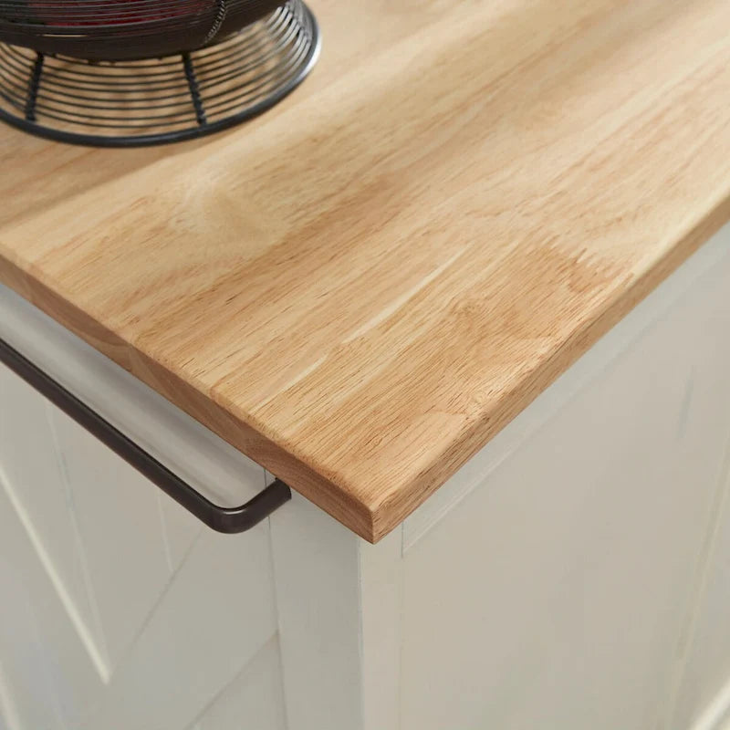 Desserte de cuisine blanc cassé en bois avec design en X et dessus en bois franc naturel