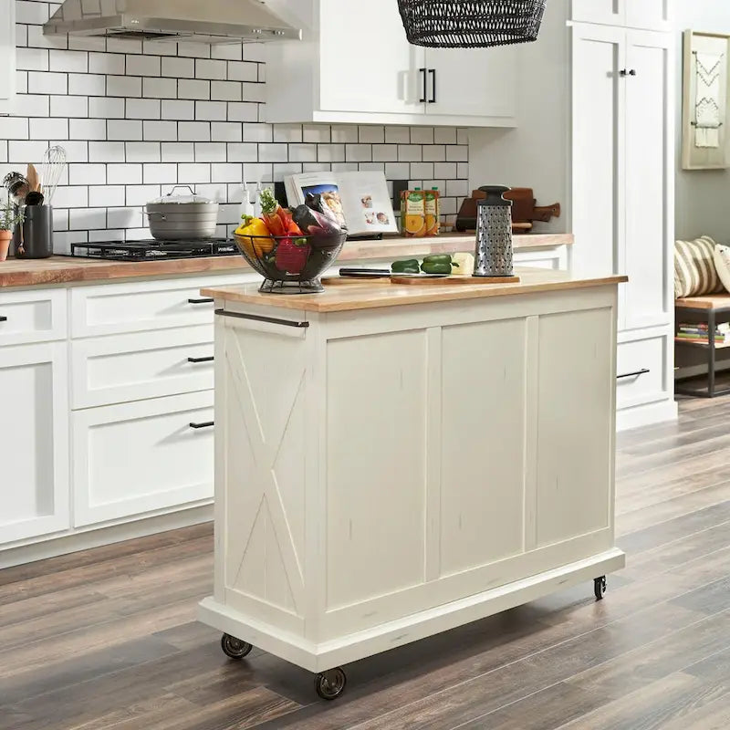 Desserte de cuisine blanc cassé en bois avec design en X et dessus en bois franc naturel