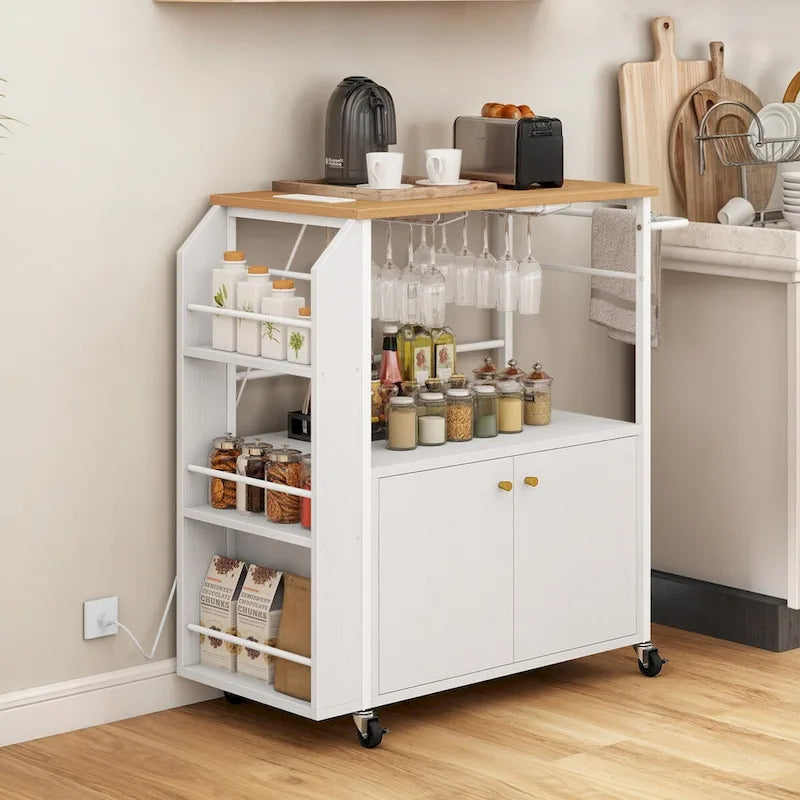 Desserte de cuisine roulante avec prise électrique, étagères ouvertes et placard, blanc