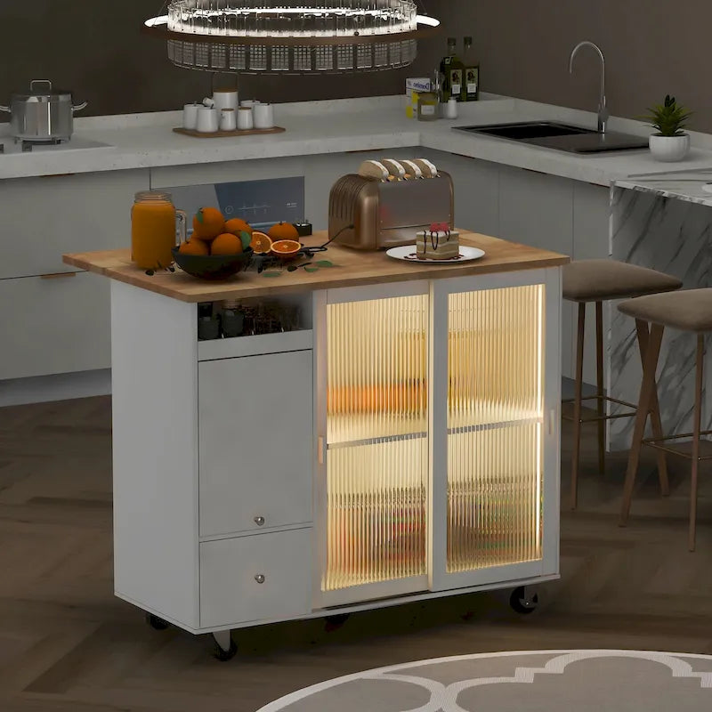 Desserte Îlot de Cuisine Roulante avec Abattant Portes en Verre Canelé Éclairage LED Bleu Marine