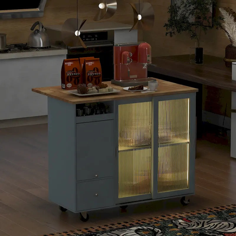 Desserte Îlot de Cuisine Roulante avec Abattant Portes en Verre Canelé Éclairage LED Bleu Marine