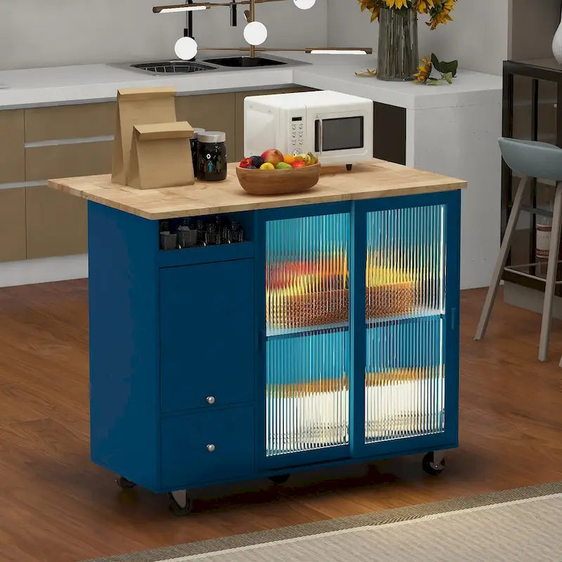 Desserte Îlot de Cuisine Roulante avec Abattant Portes en Verre Canelé Éclairage LED Bleu Marine