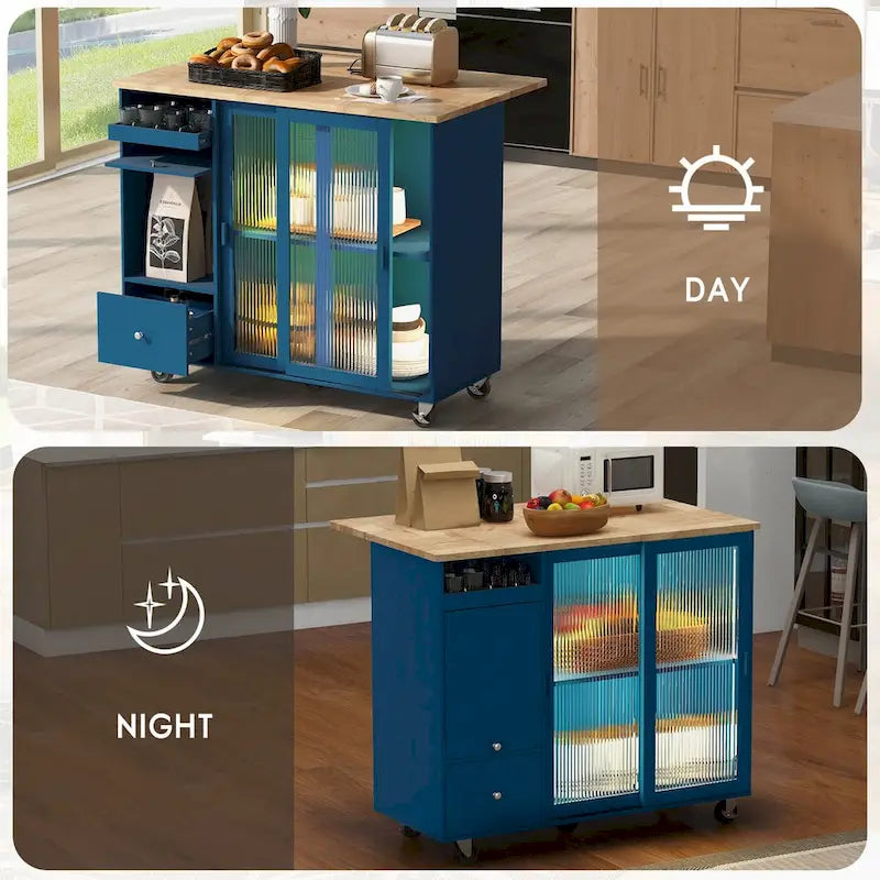 Desserte Îlot de Cuisine Roulante avec Abattant Portes en Verre Canelé Éclairage LED Bleu Marine