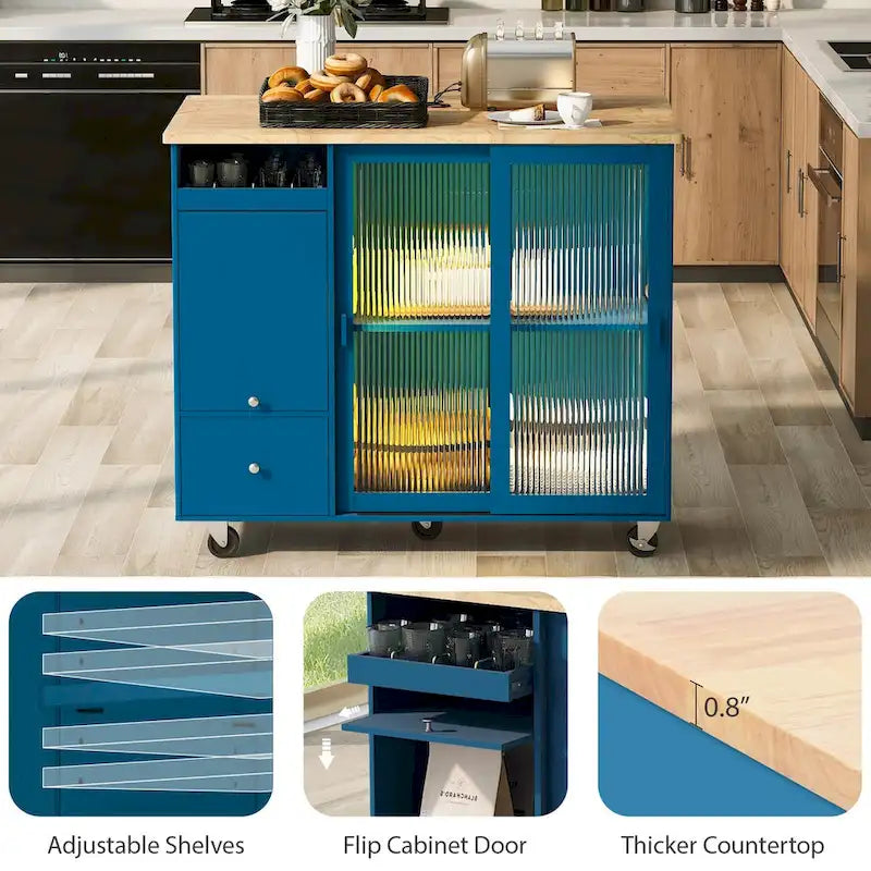 Desserte Îlot de Cuisine Roulante avec Abattant Portes en Verre Canelé Éclairage LED Bleu Marine