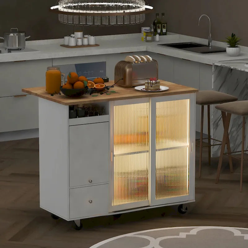 Desserte Îlot de Cuisine Roulante avec Abattant Portes en Verre Canelé Éclairage LED Bleu Marine