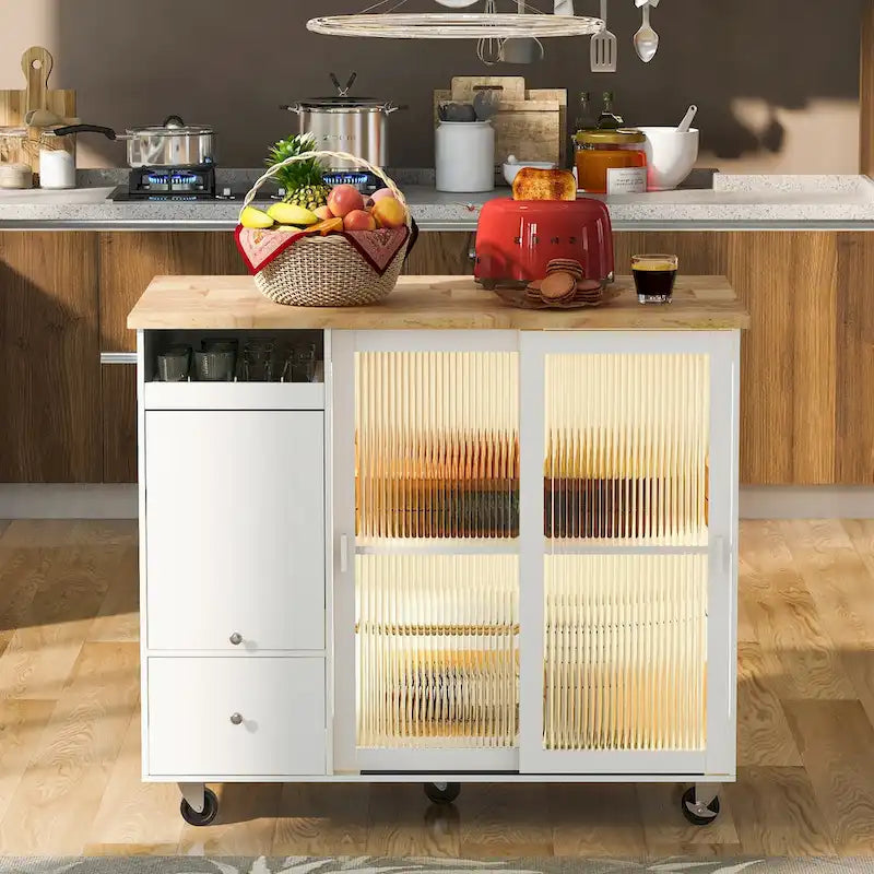 Desserte Îlot de Cuisine Roulante avec Abattant Portes en Verre Canelé Éclairage LED Bleu Marine