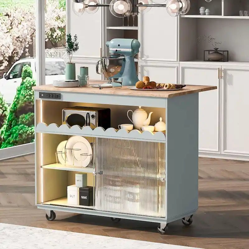 Dessertes de cuisine roulantes avec abattant, portes vitrées cannelées, éclairage LED et prises électriques