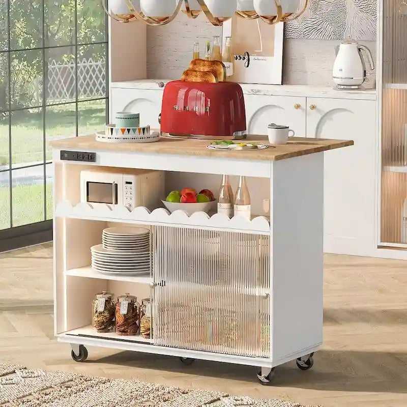 Dessertes de cuisine roulantes avec abattant, portes vitrées cannelées, éclairage LED et prises électriques