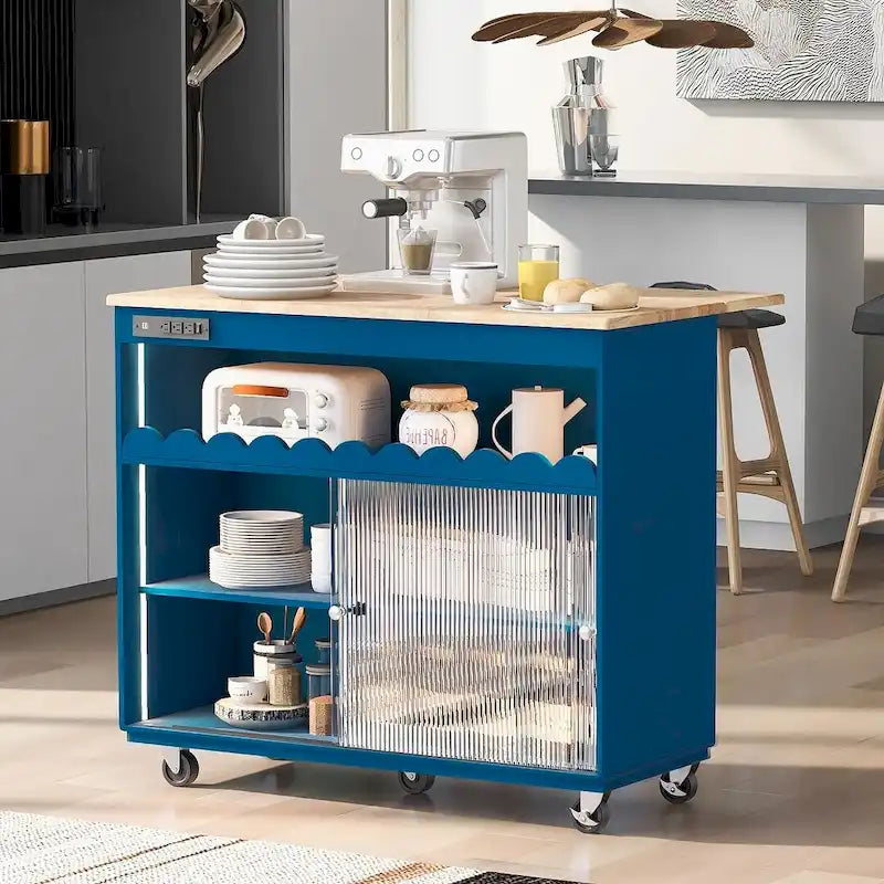 Dessertes de cuisine roulantes avec abattant, portes vitrées cannelées, éclairage LED et prises électriques