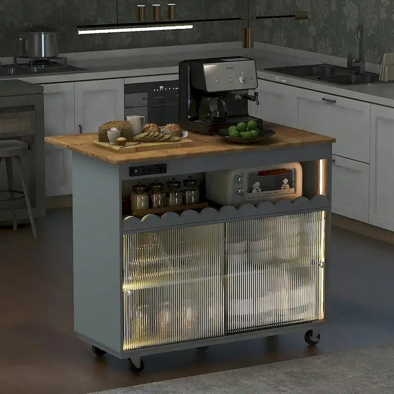 Dessertes de cuisine roulantes avec abattant, portes vitrées cannelées, éclairage LED et prises électriques
