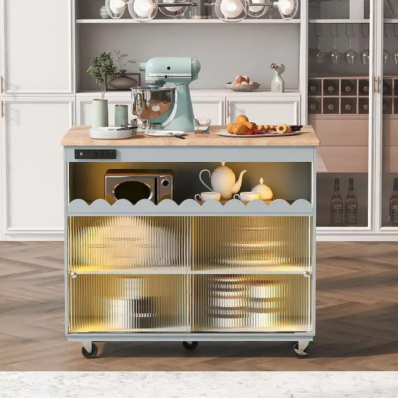 Dessertes de cuisine roulantes avec abattant, portes vitrées cannelées, éclairage LED et prises électriques