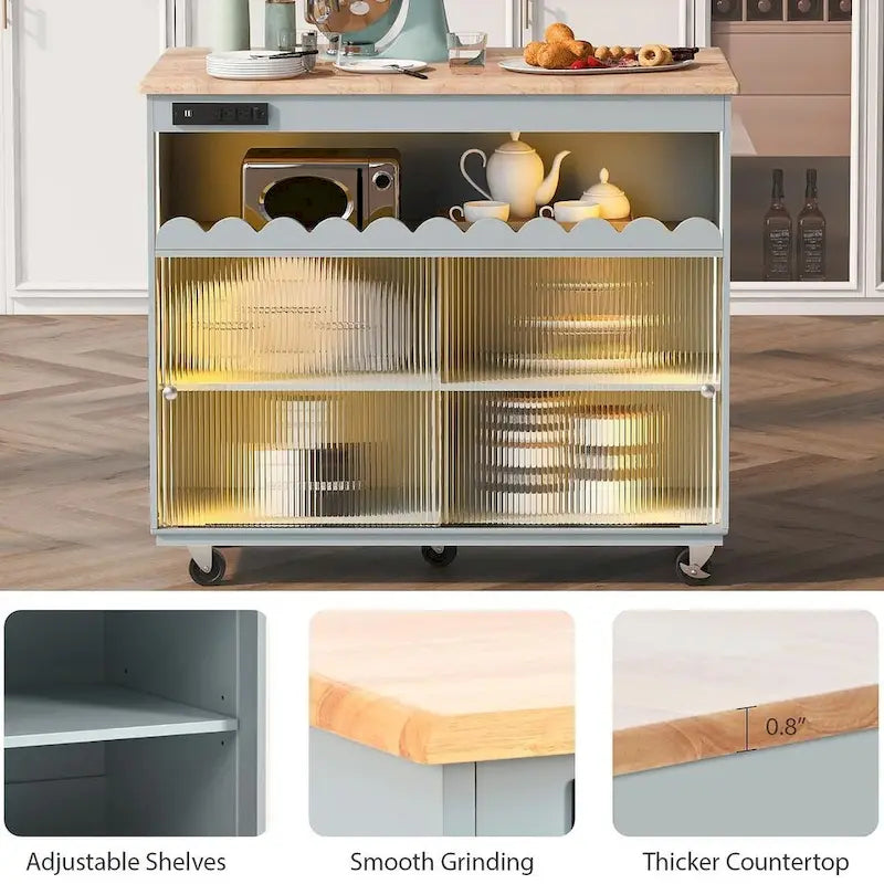 Dessertes de cuisine roulantes avec abattant, portes vitrées cannelées, éclairage LED et prises électriques