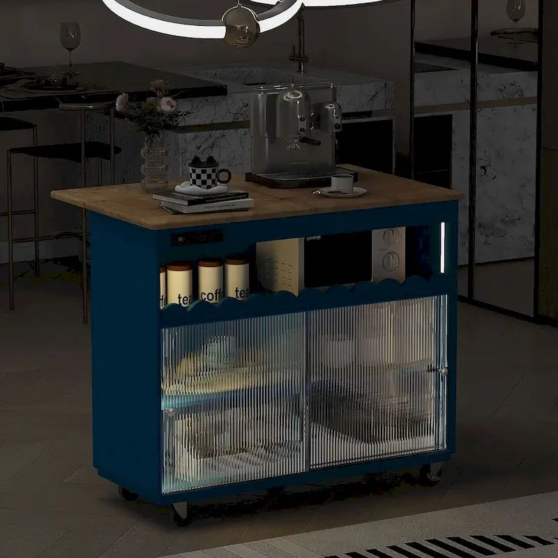 Dessertes de cuisine roulantes avec abattant, portes vitrées cannelées, éclairage LED et prises électriques