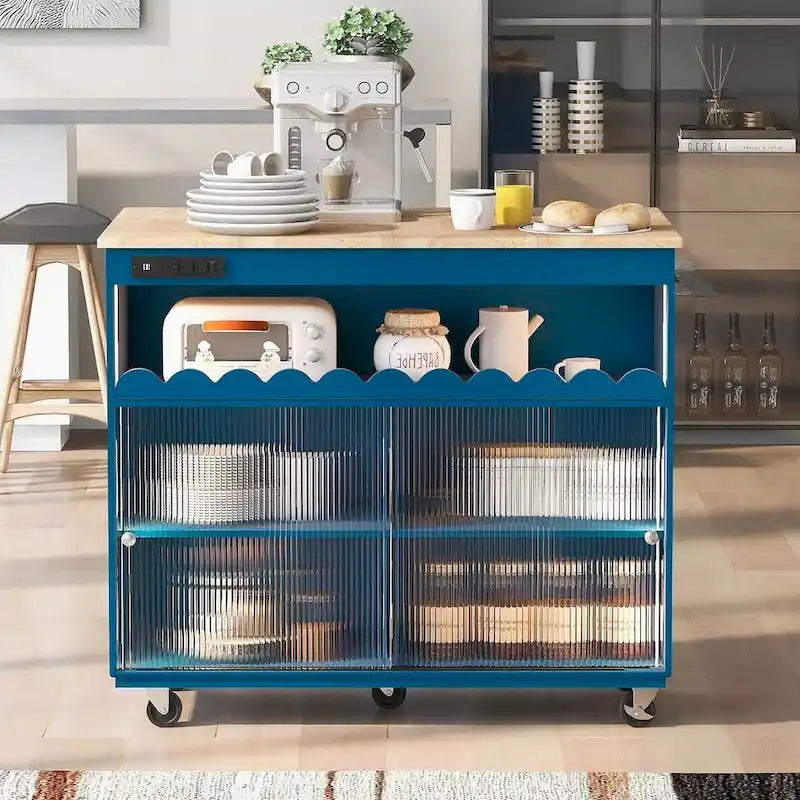 Dessertes de cuisine roulantes avec abattant, portes vitrées cannelées, éclairage LED et prises électriques