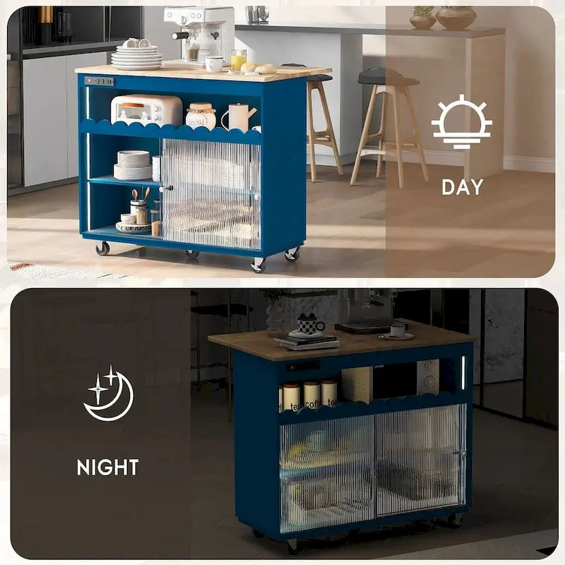 Dessertes de cuisine roulantes avec abattant, portes vitrées cannelées, éclairage LED et prises électriques