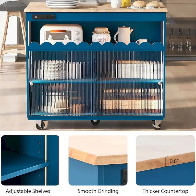 Dessertes de cuisine roulantes avec abattant, portes vitrées cannelées, éclairage LED et prises électriques
