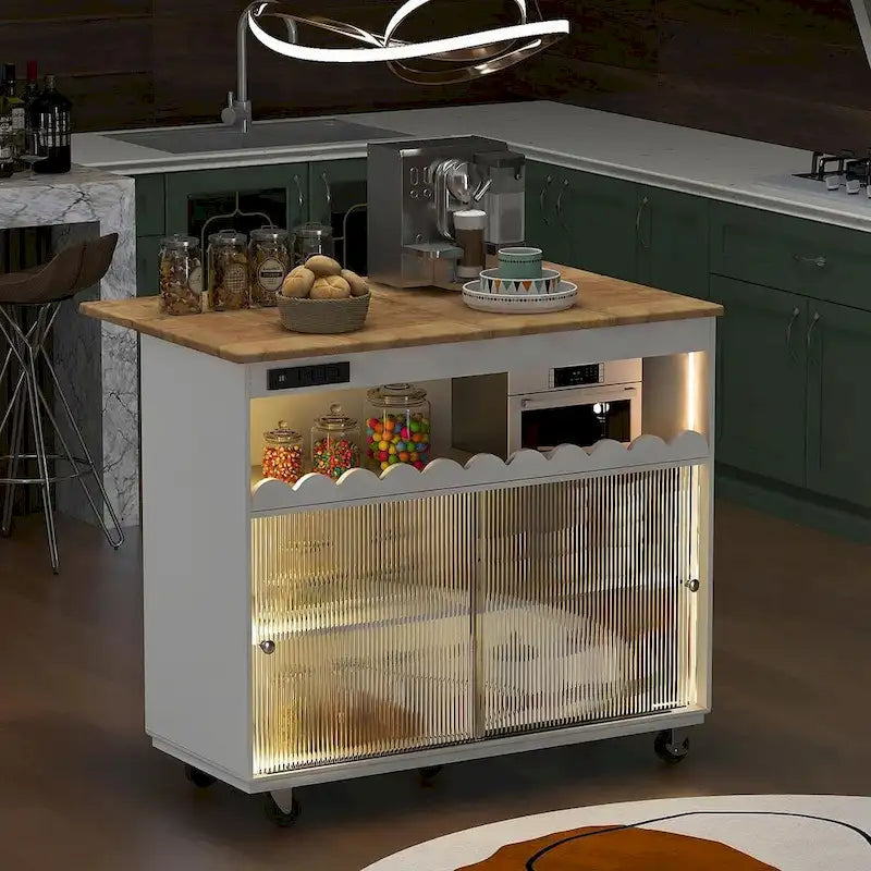 Dessertes de cuisine roulantes avec abattant, portes vitrées cannelées, éclairage LED et prises électriques